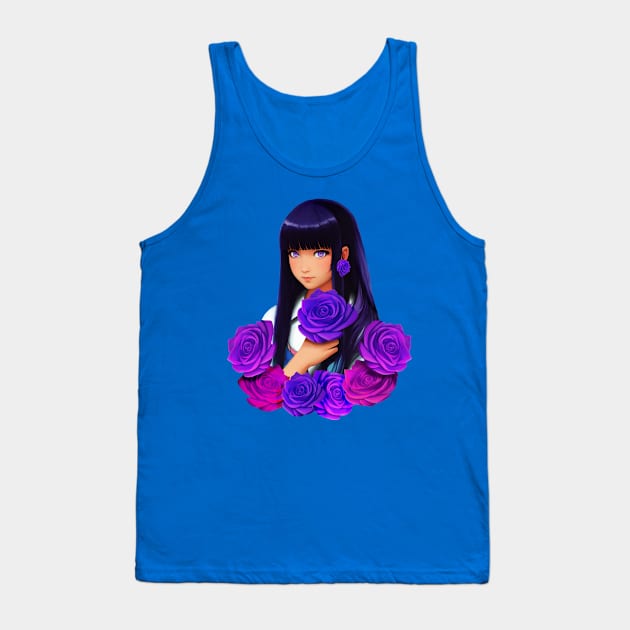 Anime Girl with Purple Eyes and Roses Tank Top by BluedarkArt